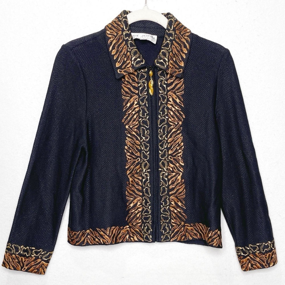 St John Collection Metallic Black Jacket Santana Knit Embroidery Animal Print 8